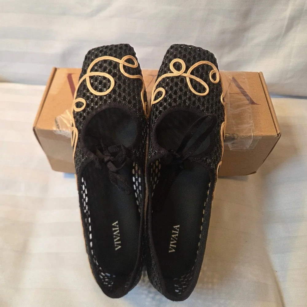 VIVAIA Makayla Black Natural Mesh Embroidered Square Toe Flats EU 39.5 US 8.5